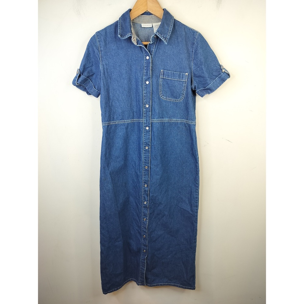 White Stag Pearl Snap Denim Dress Small 4-6 Short Sleeve Midi Western Blue